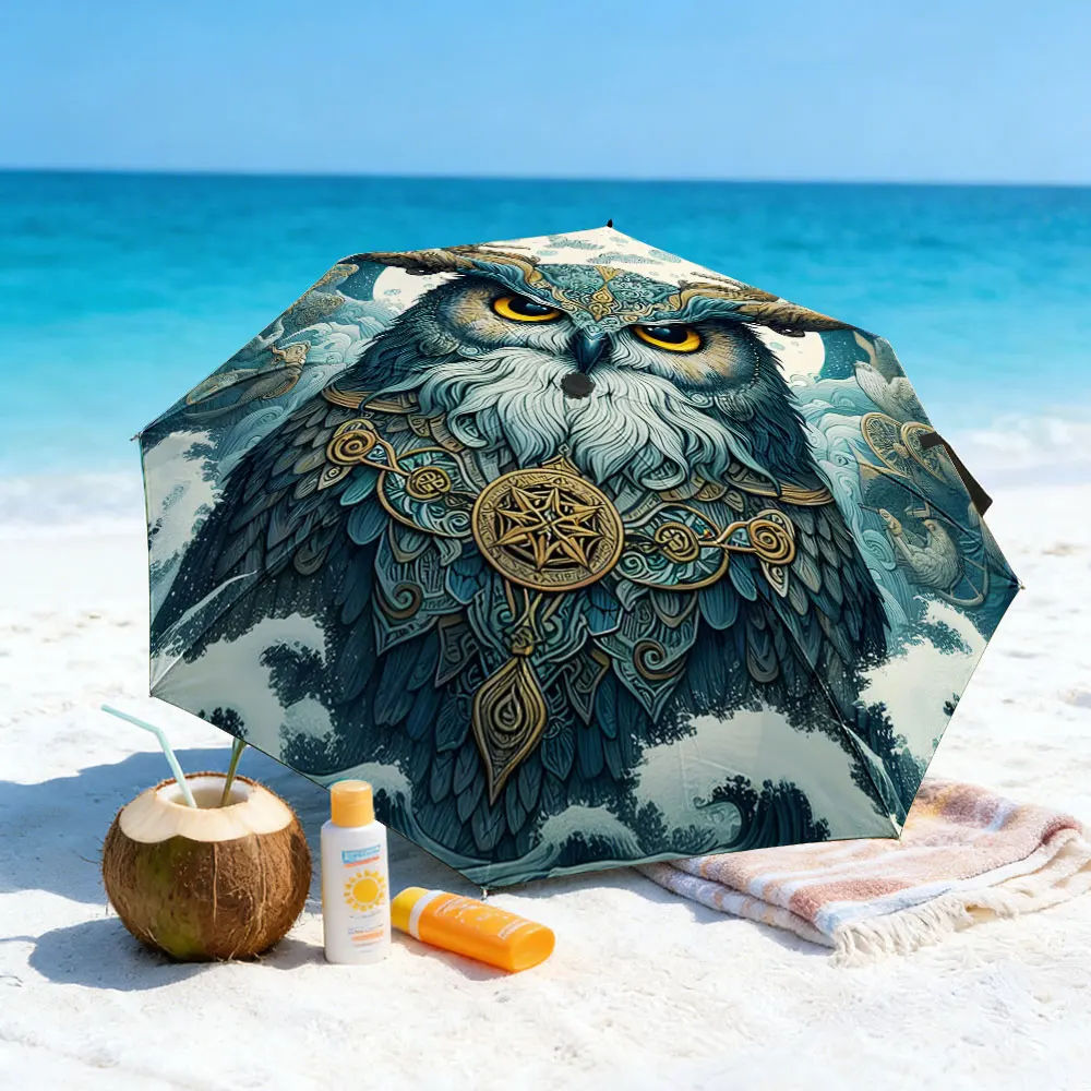 1PC Majestic Owl Umbrella by the Lake Print 8 Iron Ribs Folding Umbrella Auto-Open Fashion Sunshade