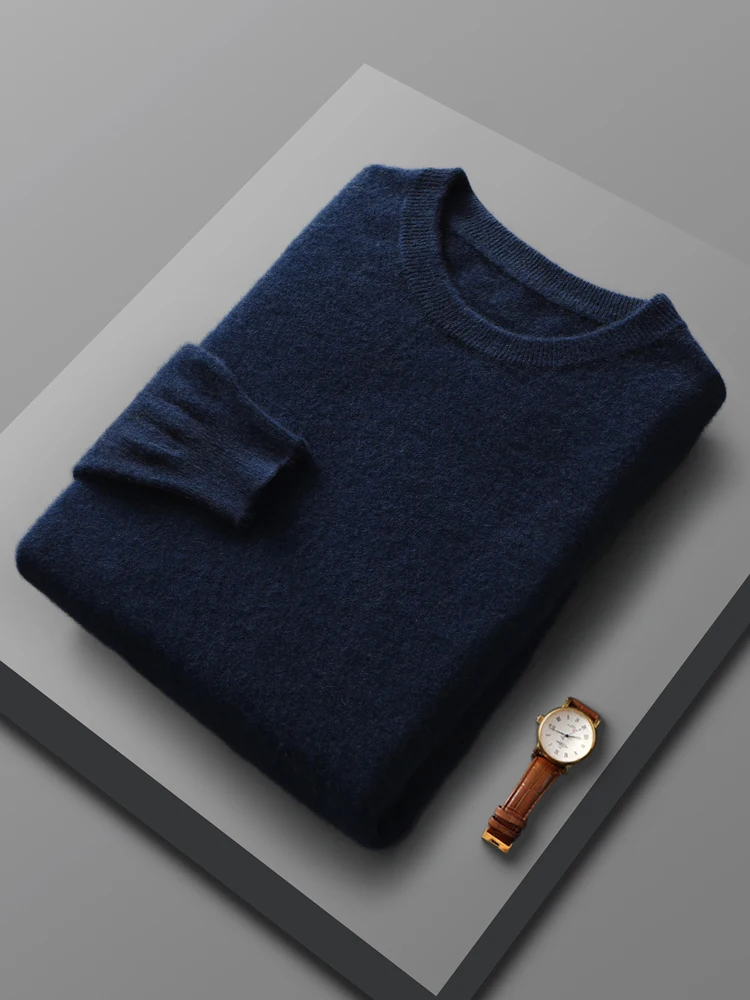 Men's Basic Solid Pullover 100% Merino Wool Knitted Sweater Fashion O- Neck Soft Warm Autumn Winter Casual Loose Clothing Tops