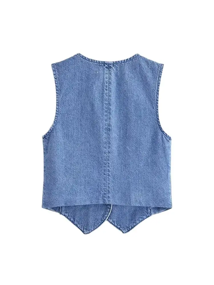 TRZA Women Fashion Front Button Denim Waistcoat Vintage V Neck Sleeveless Female Outerwear Chic Vest Tops image 2