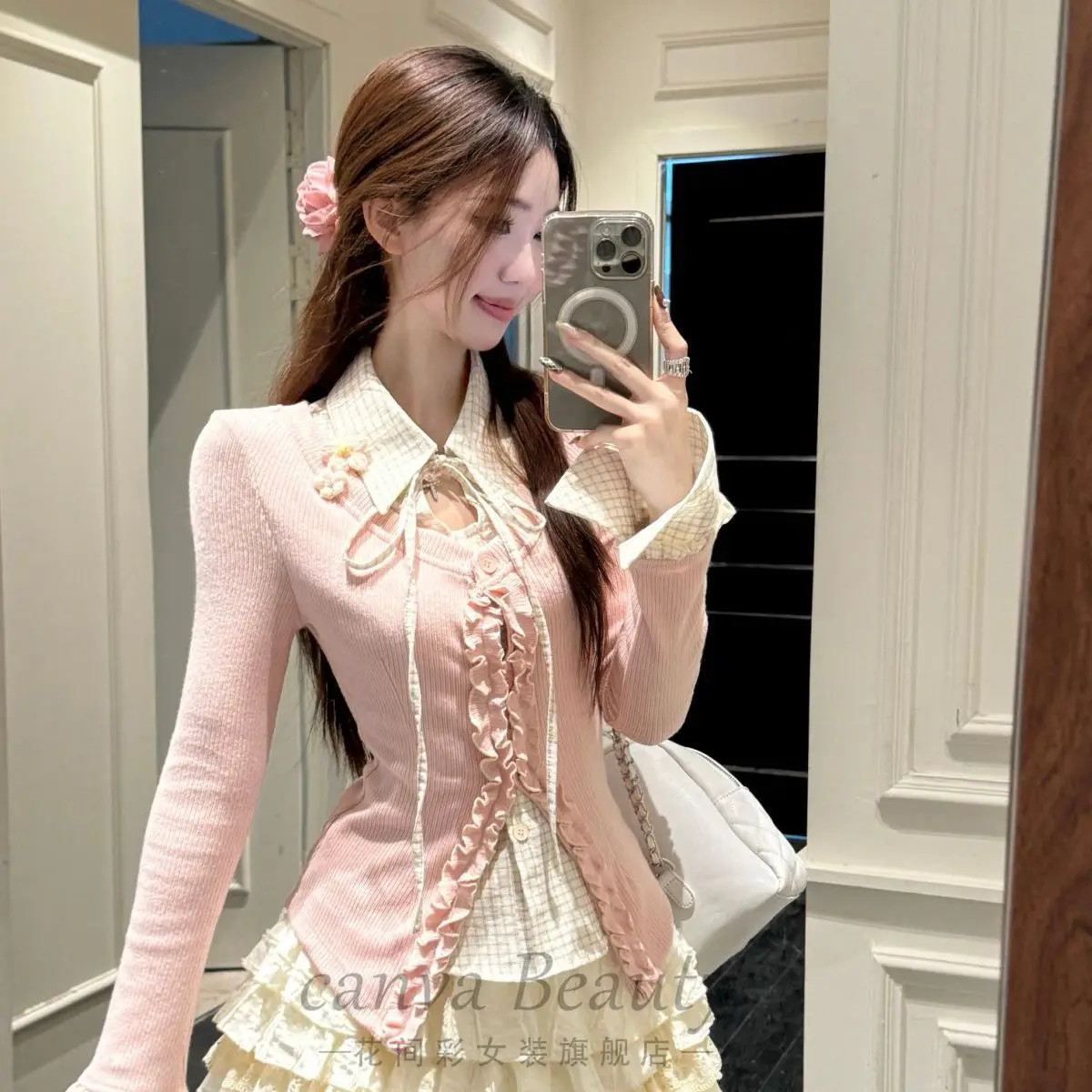 Kimotimo Ruffled Edge Spliced Tie Long Sleeve Knit Top Women 2025 Spring New Design Pure Desire Slim Fit Top