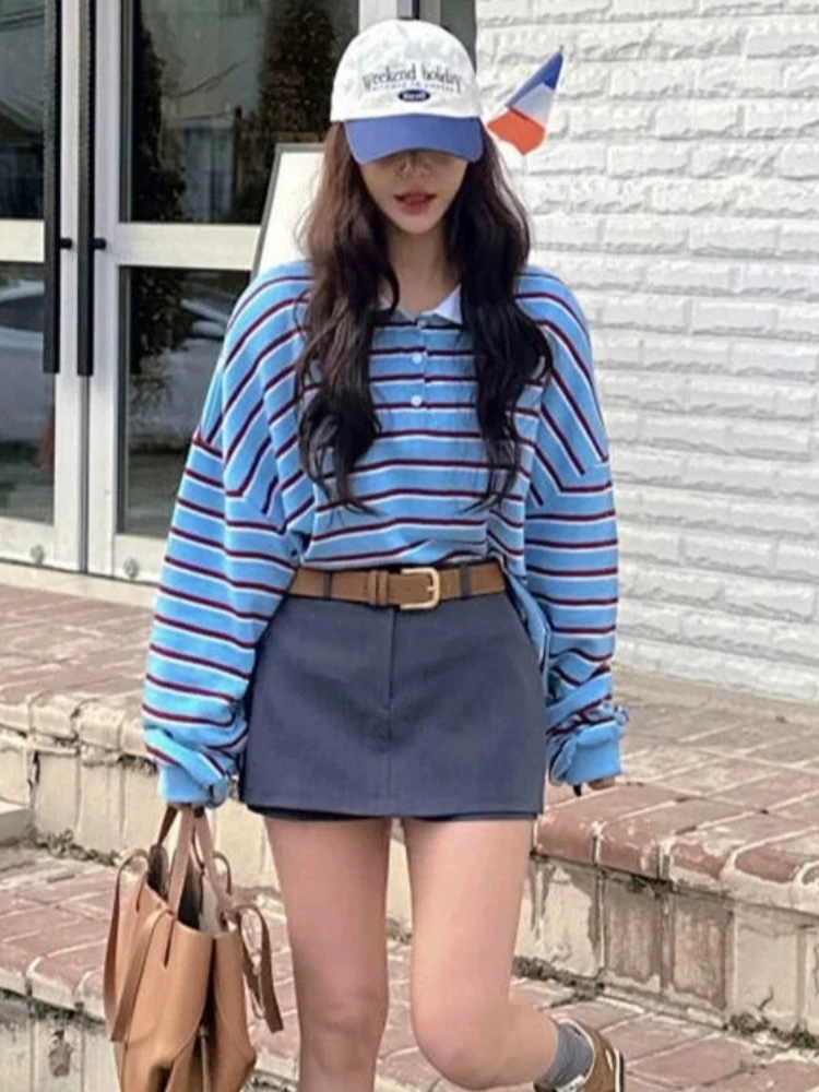 

Preppy Style Korean Stripe Hoodies Contrast Long-sleeved Pullover Women Button Polo Shirt Tshirts Streetwear Retro Y2k Tops 2025