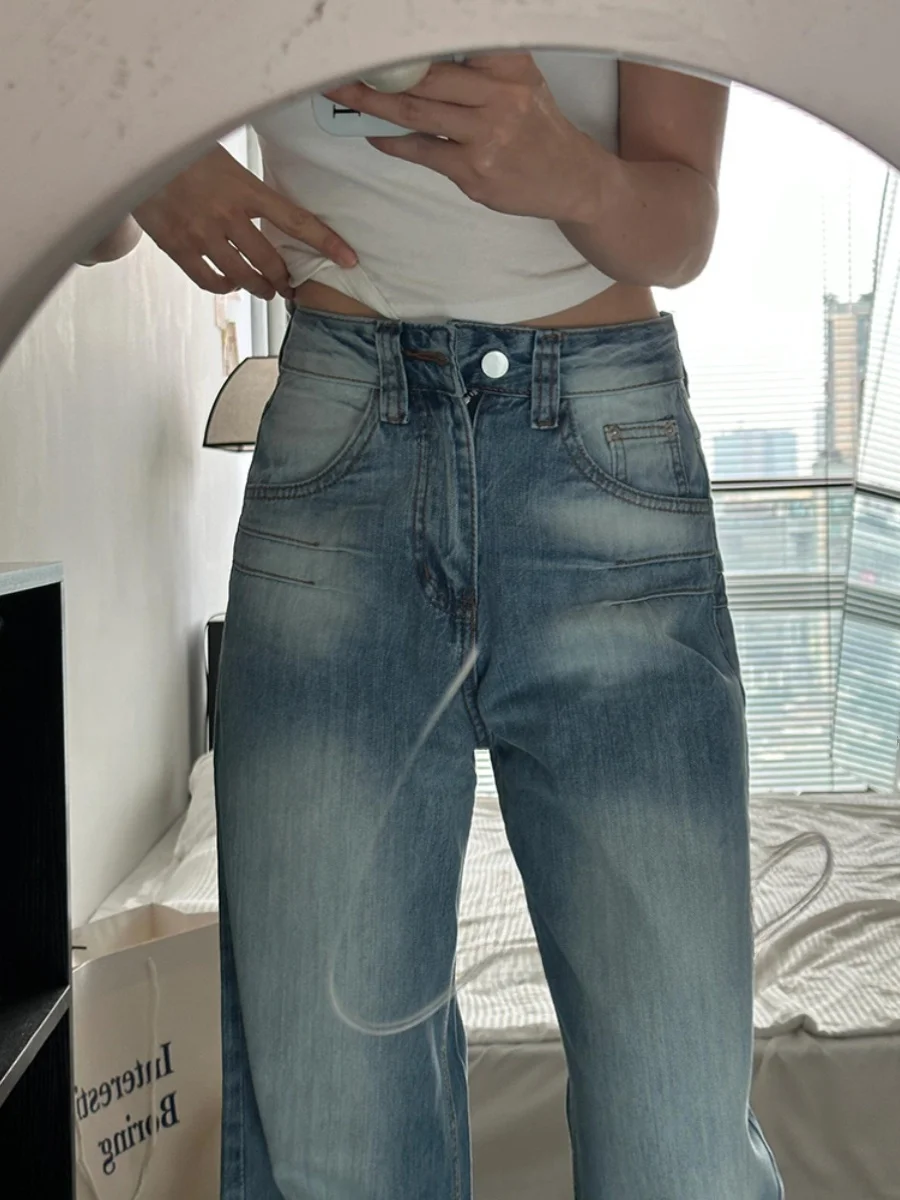Amerikanische Retro-Jeans mit Stickerei, Hoher Taille, Geradem Bein, Schlankmachende Weite Hose für Damen, Sommer 2024 Neu A...