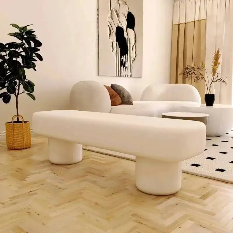 Pouf scandinave blanc en velours de luxe pour hall d'entrée, salon, meuble moderne et unique, gain de place