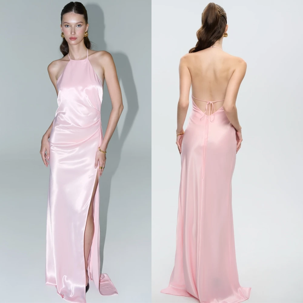 

Customized Formal Satin Halter Evening Dress Classic Sleeveless Cocktail Dress Temperament Open Back Special Occasion Gowns