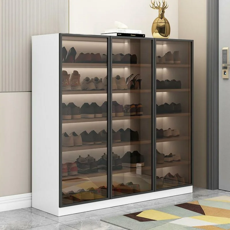 custom.Keway Glam Style Closed Shoe Shelves 9-Tier 40-46 Pairs Wood Shoe Storage Cabinet Living Room Shoe Display Showcase