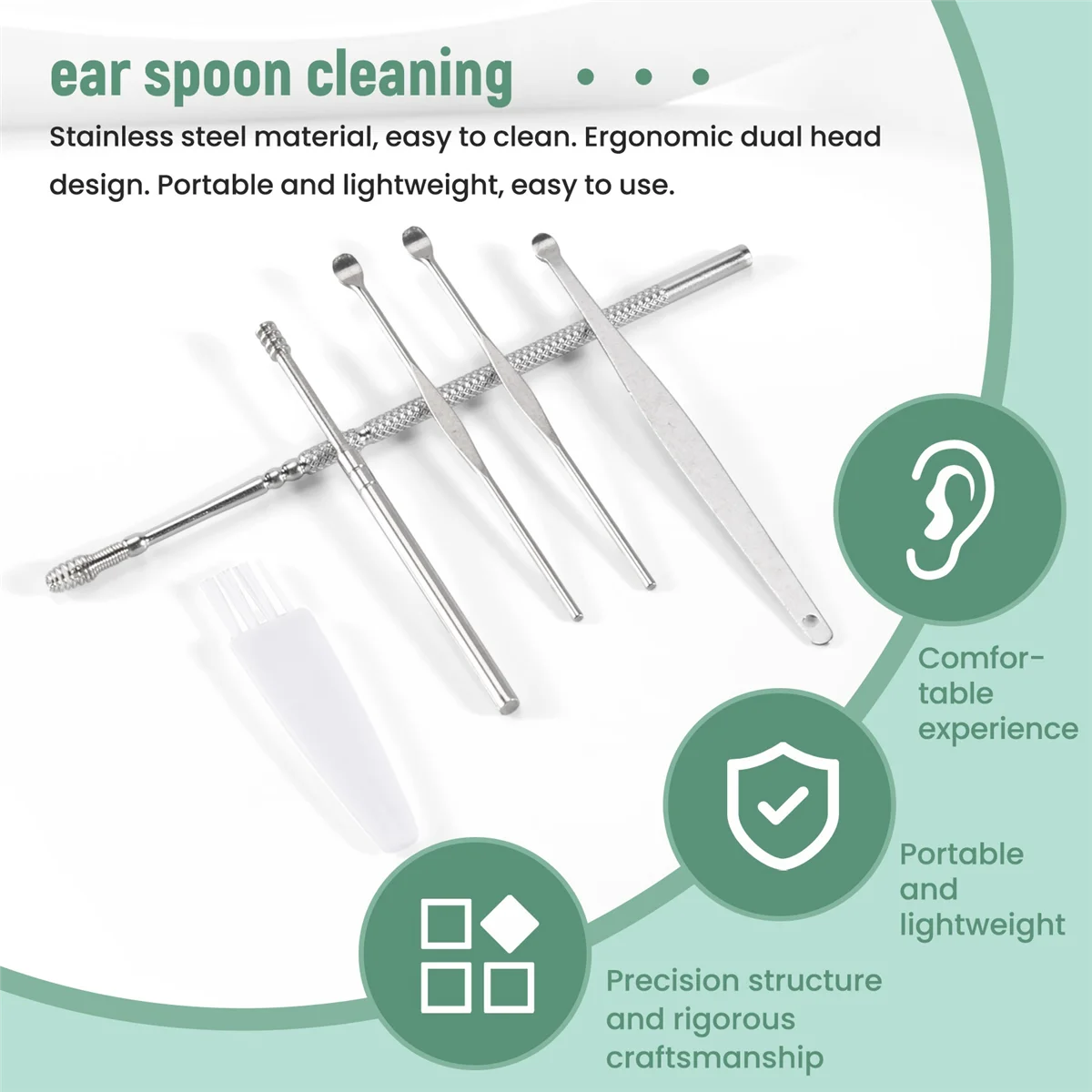 Set di 6 raccoglitori per le orecchie in acciaio inossidabile Earpick cerume Curette Remover Spoon Spiral Ear Clean Tool con custodia
