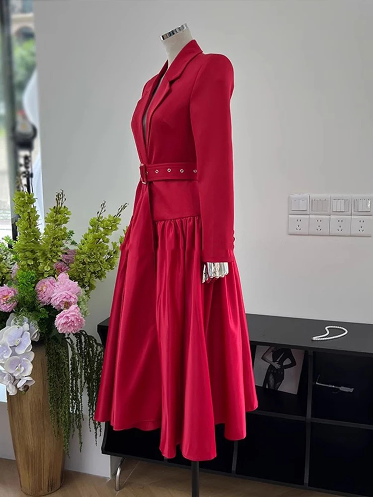 CHICEVER Elegant Spliced Belt Blazer Dresses For Women Notched Collar Long Sleeve High Waist Pleated Vintage Dress Female Autumn