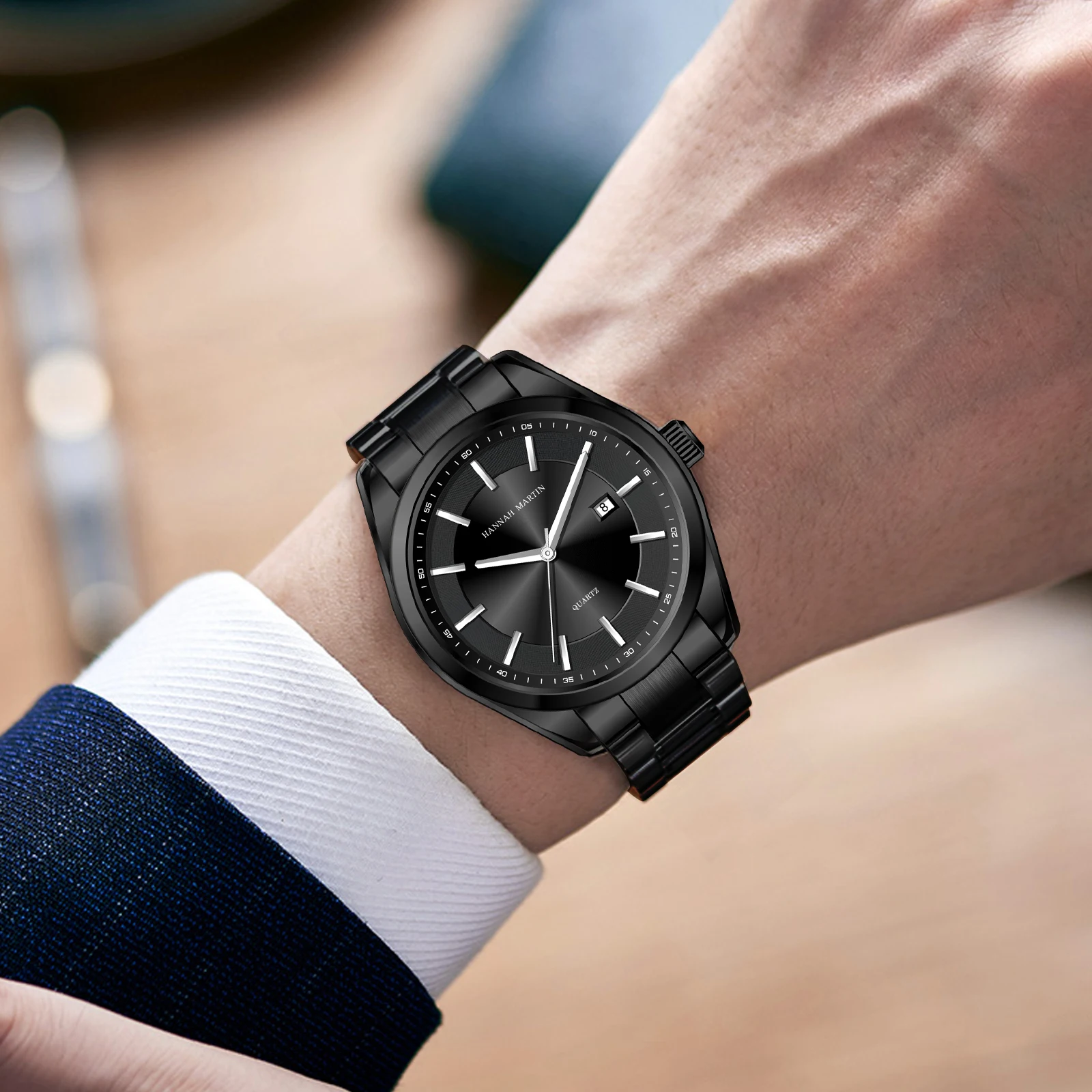 ساعة رجالية جديدة لعام 2025 مصنوعة من الفولاذ المقاوم للصدأ باللون الأسود على طراز الأعمال ماركة هانا مارتن الأصلية بحركة يابانية ساعة يد رياضية كوارتز