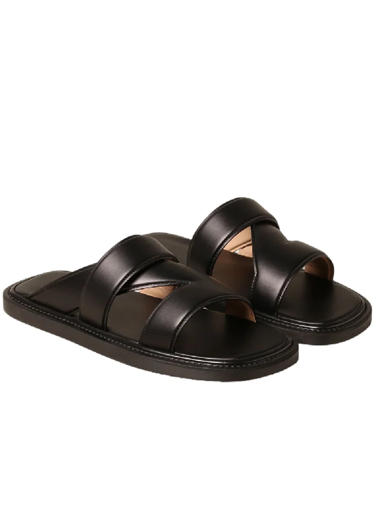 Summer New Men Genuine Leather Slides Outside Cowhide Beach Slippers Flats Open Toe Antiskid Platform Shoes Comfortable Slippers