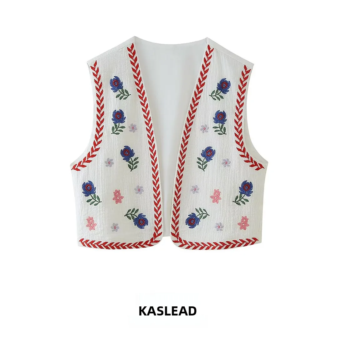KASLEAD New Women's Fashion High-End Embroidered Vest Versatile Design Short Sleeve Plant Floral Pattern Polyester Fiber