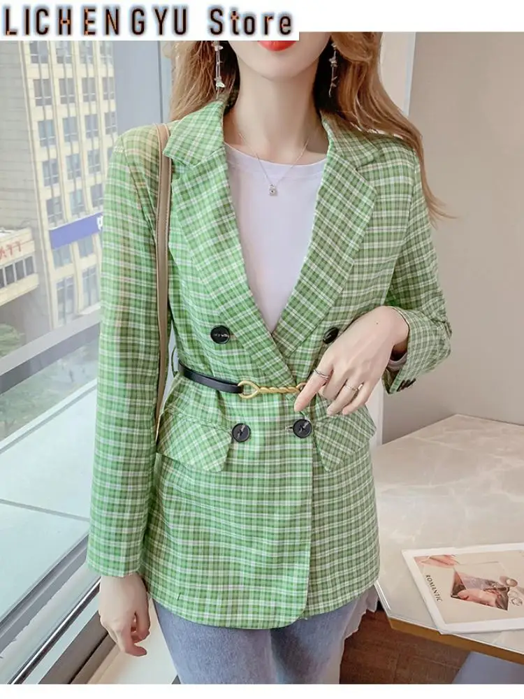 Nuove donne Blazer a quadri primavera moda giacca verde cappotto femminile elegante Blazer doppiopetto con cintura top da donna