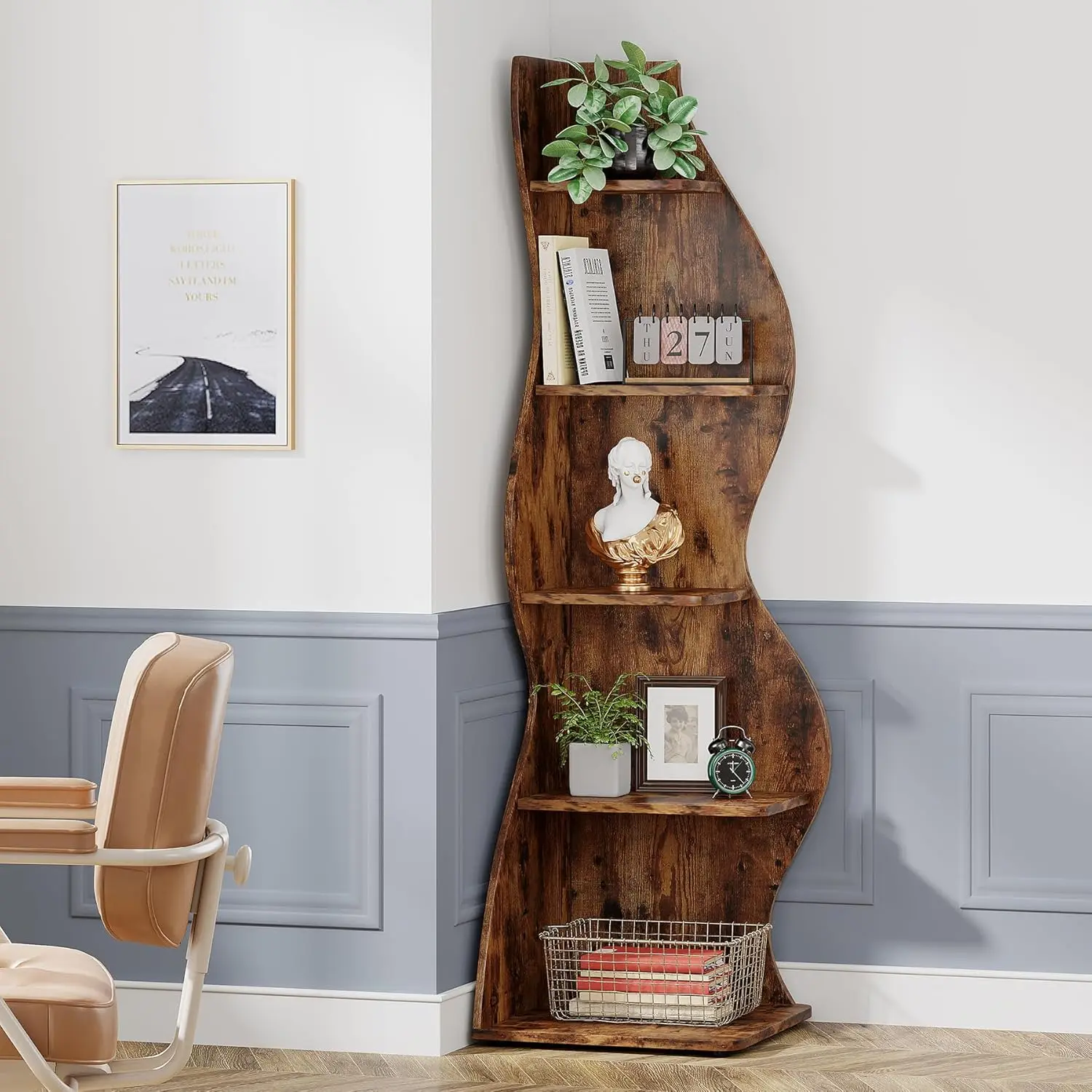 Corner Shelf, Rustic 5-Tier Wall Corner Bookshelf, Stylish Corner Small Bookcase Storage Ra Plant Stand With Unique Shape For