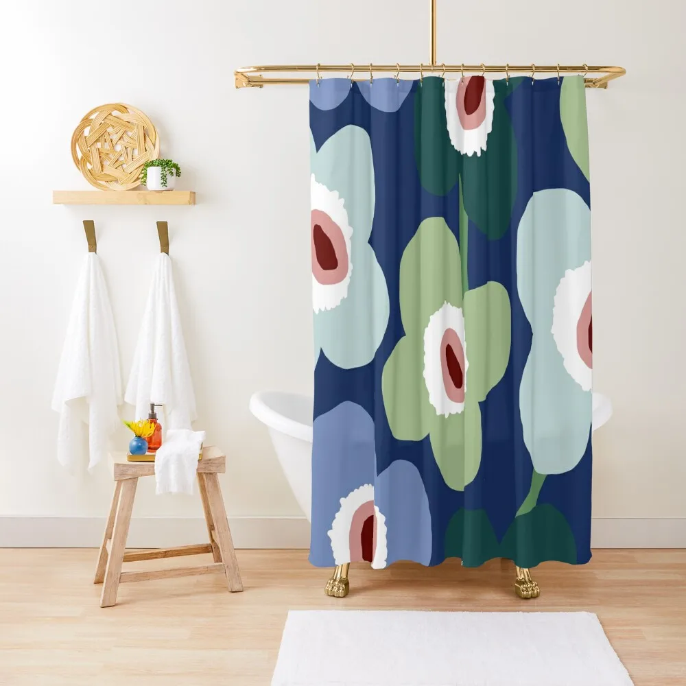 

Iconic Retro Scandinavian Floral Pattern in Blue and Green Shower Curtain For Shower Bathtub Curtain
