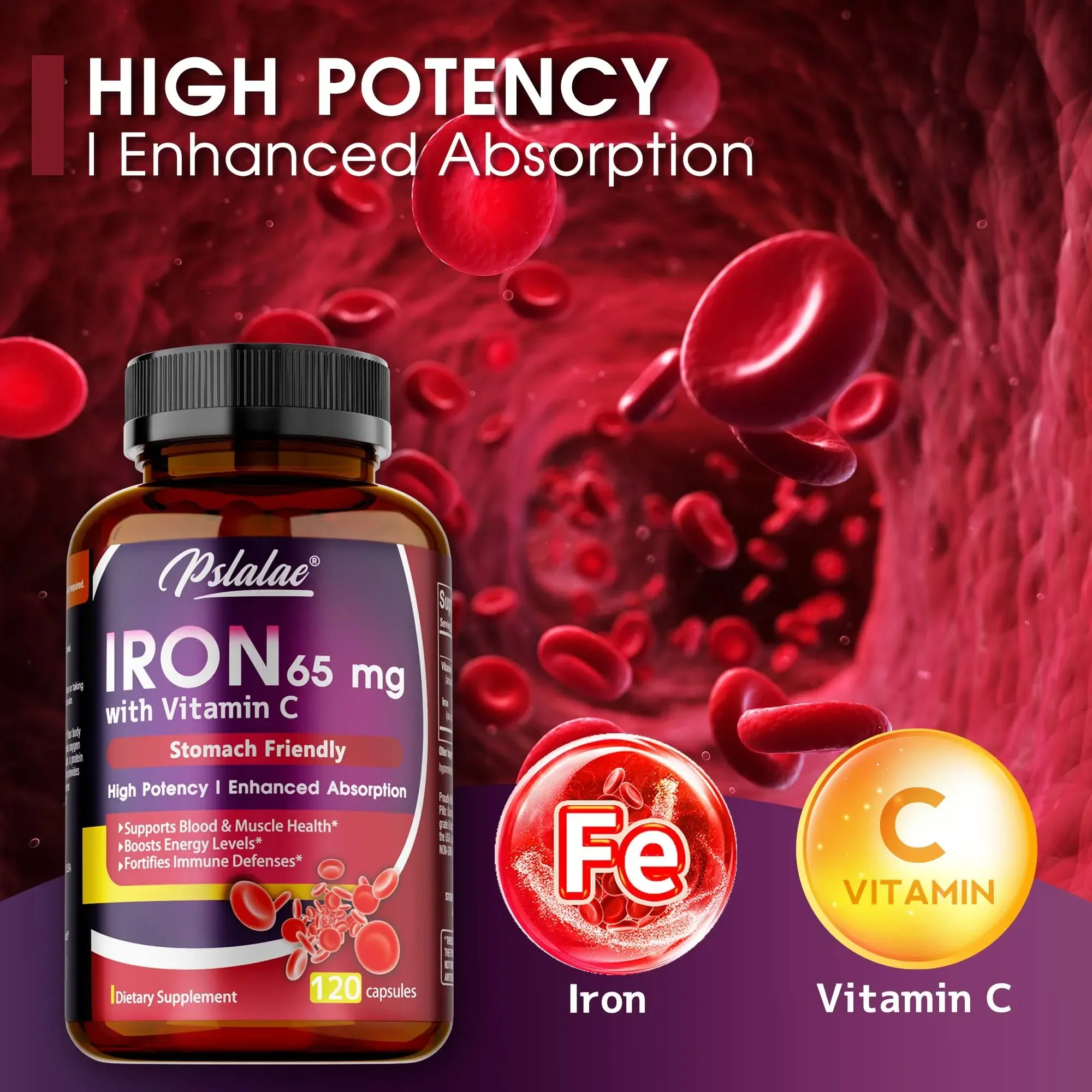 Iron Supplement 65 mg with Vitamin C - Maximized Absorption, Increase Energy, and Improve Immune Function Supplement