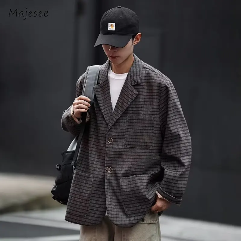 Casual Blazers Men Mature Baggy Plaid Coats Vintage Ulzzang Handsome Autumn Streetwear Literary All-match Classic Ropa Hombre