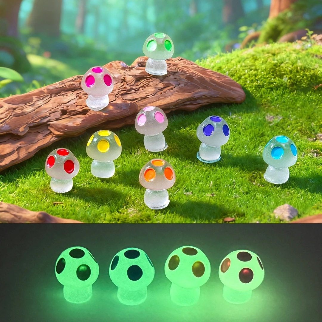 20pcs Mixed Color Glow Mushroom Decor - Resin Mini Figurines for Terrarium, Moss Garden & Micro Landscape