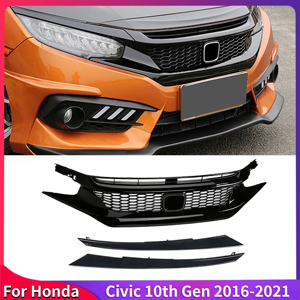 For Honda Civic 10th Gen 2016-2021 Front Grille Racing Grill Net Car Grid Splitter Upper Bumper Hood Mesh Grills Kits Auto Parts