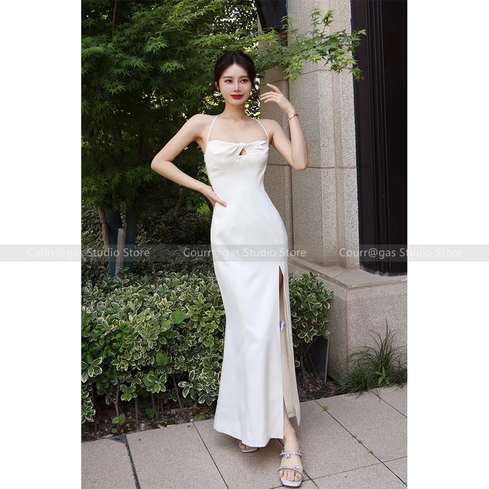 

Celebrity senior sense of satin lace splicing backless dress 2024 new Slim thin split temperament long skirt