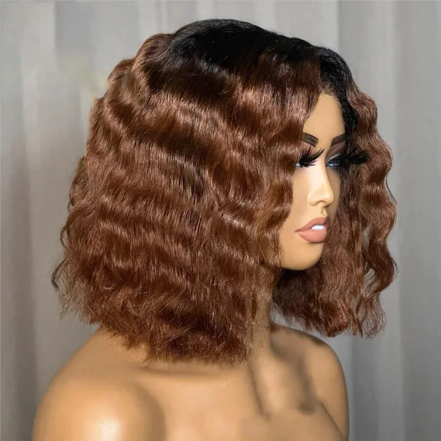 Perruque Bob Lace Front Wig sans colle bouclée pour femmes noires, cheveux de bébé, pre-plucked, densité 180, ombré brun et blond