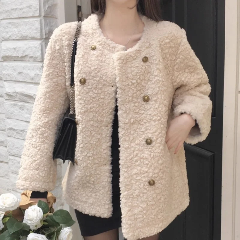 

Шикарное осенне-зимнее шерстяное пальто Thiened для женщин, круглое корейское пальто с двойной пуговицей и хлопковой вставкой средней длины