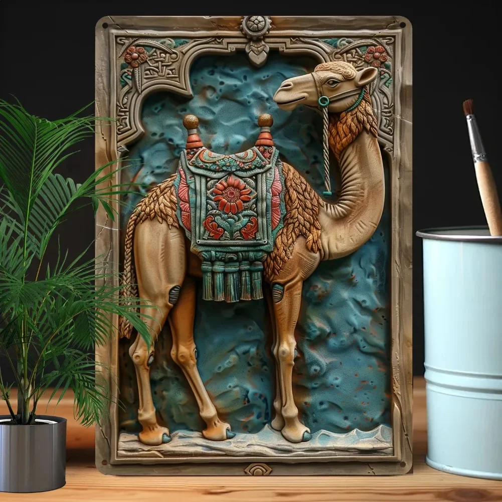 Kamel-Wandkunst, Metallschild, Relief-Design, feuchtigkeitsbeständig, biegefest, Vintage-Dekor für Zuhause, Garten, Studio – A1094