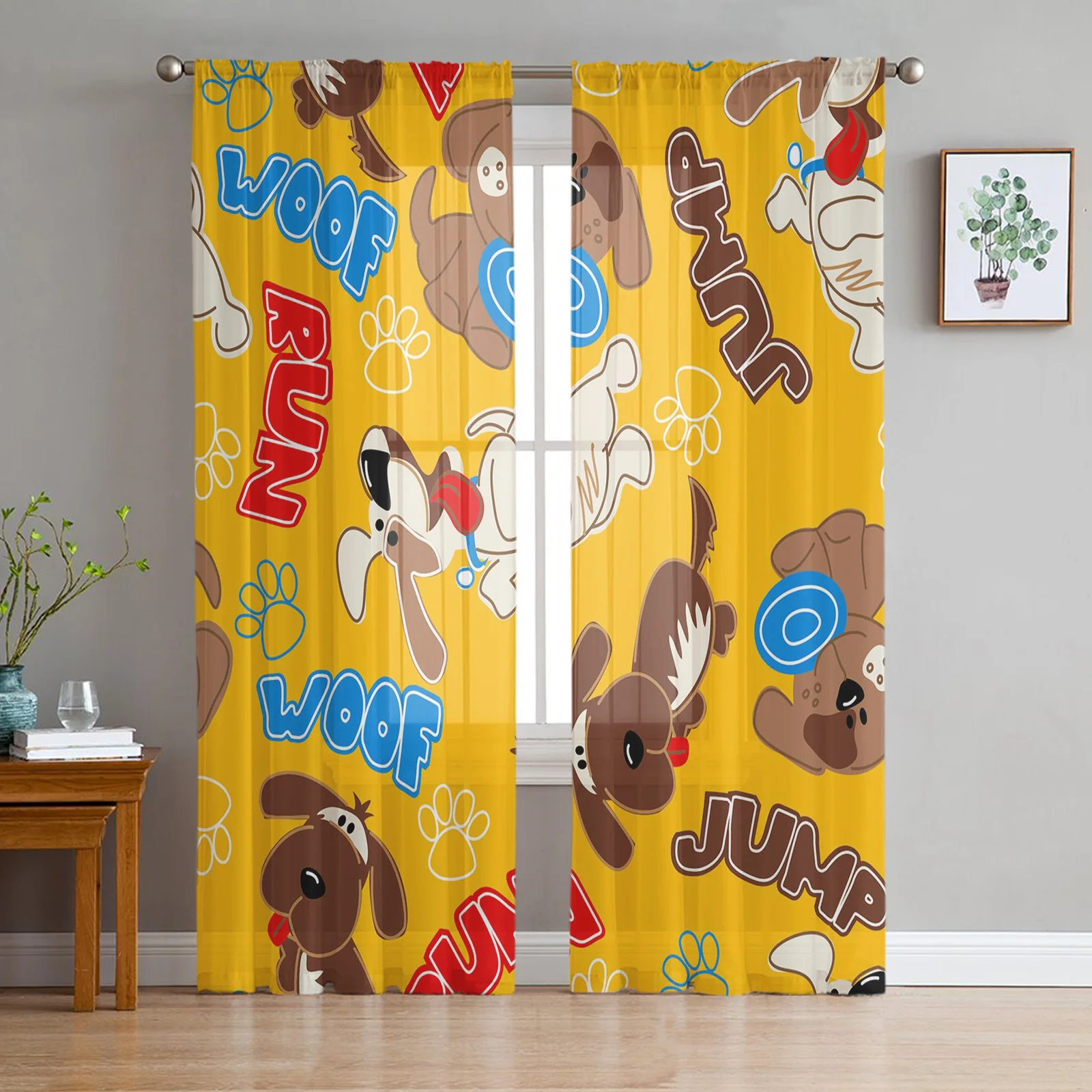 Dog Pet Tongue Brown Cartoon Sheer Window Curtains for Bedroom Drapes Home Decor Tulle Curtains for Living Room Chiffon Curtains