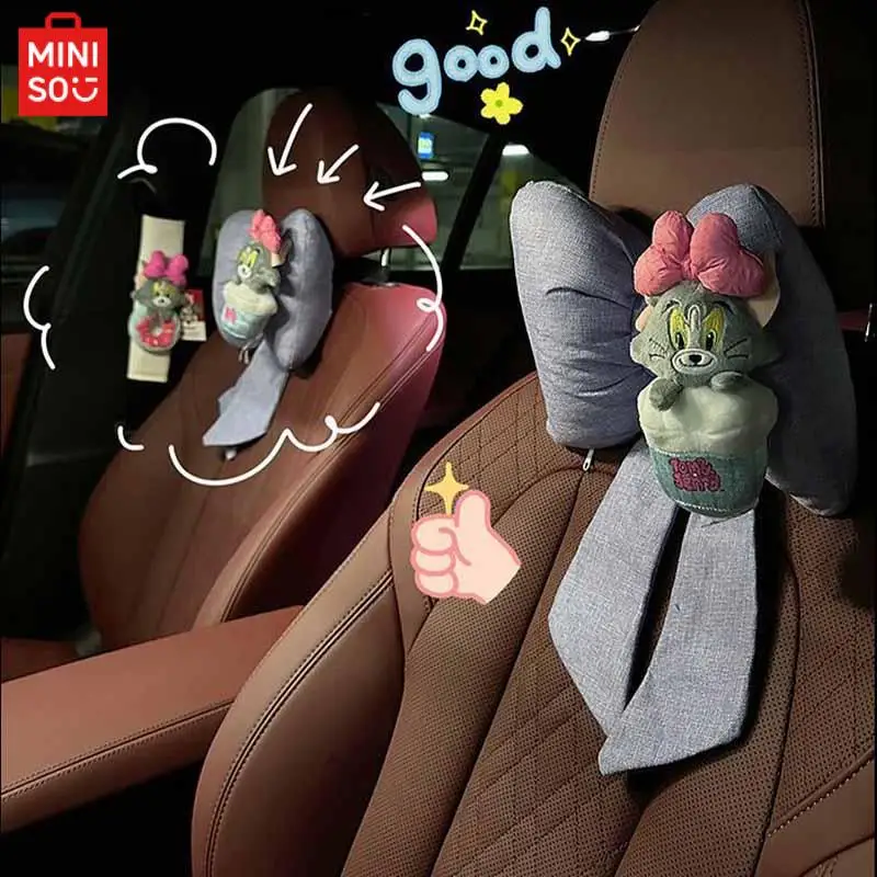 Miniso Kawaii decoración para reposacabezas de coche, Tom y Jerry, dibujos animados de Anime, lindo Lazo, almohada para el cuello, Gato y ratón, accesorios para coche, regalos para niñas