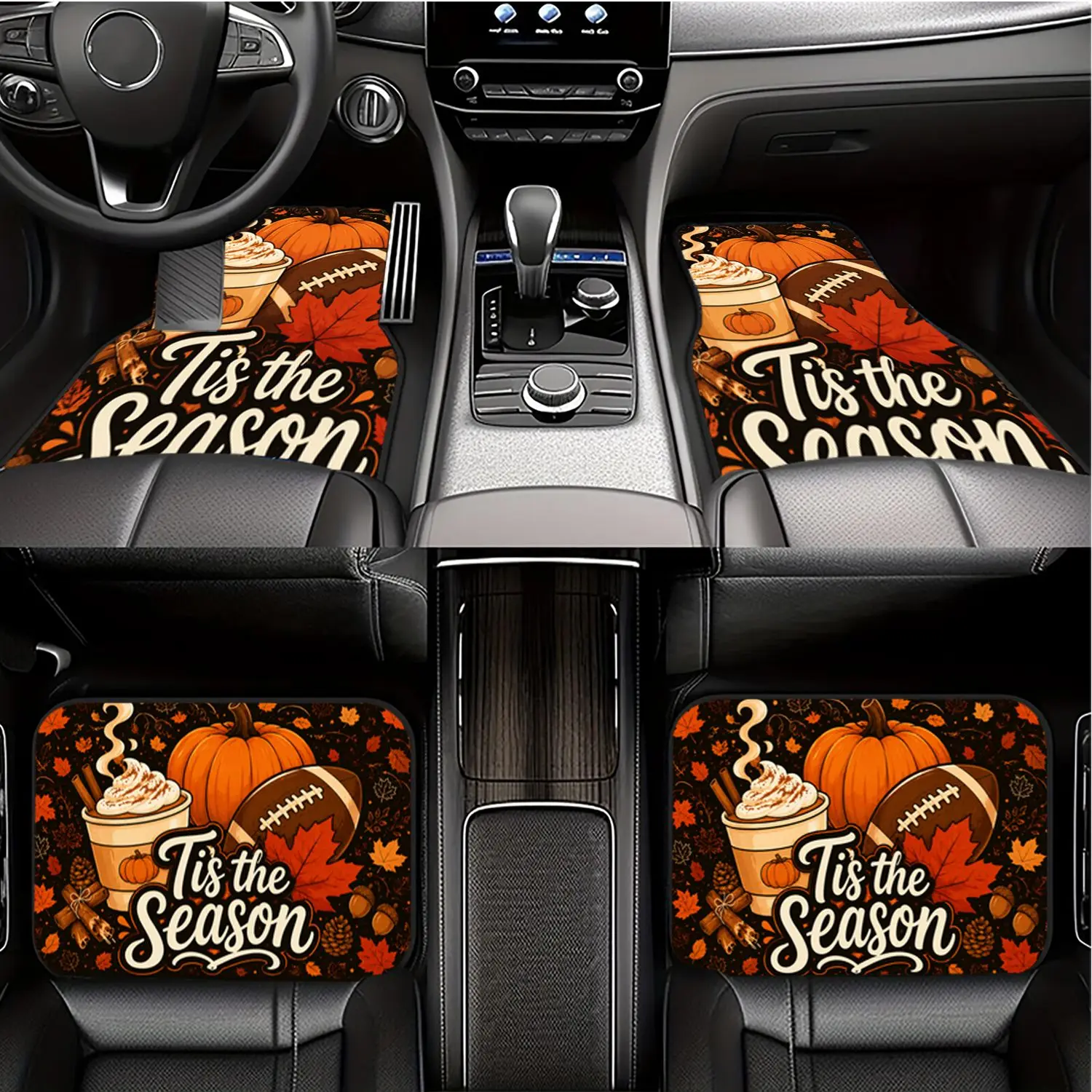 4pcs Polyester Fiber Car Floor Mats with Season Autumn Pumpkin Football Coffee Print, Universal Fit Auto Ground Pads Carpets
