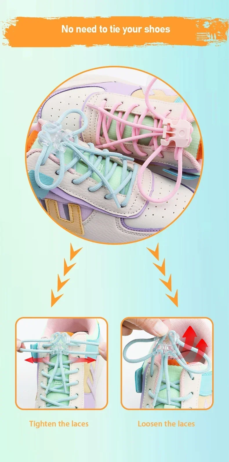Elastische, runde Schnürsenkel ohne Binden, in Macaron-Farben, mit Schnallen-Set, dehnbare Schnürsenkel für Kinder, Freizeitschuhe, Sneaker und Boardschuhe. – Detail 4
