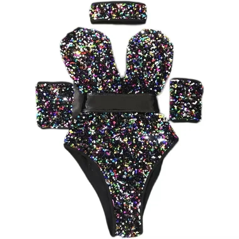 Sexy Multi Color Sequins Bodysuit Bar Nightclub Female Singer Dancer Stage Wear Team DJ Jazz Dance Performance Costume 3 Colours