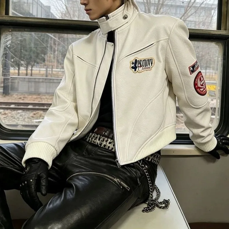 Japanese Style Embroidered Stand Collar PU Leather Jacket Men's Cool Trendy Racing Suit Unisex Motorcycle Short Coats Streetwear