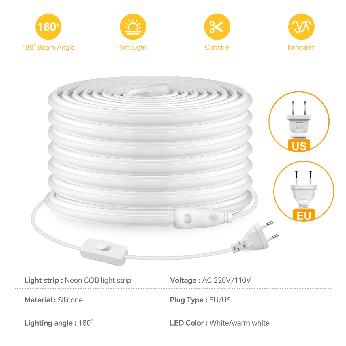 110/220V High-temperature Resistant Flexible Soft COB Neon Light LED Strip Silicone Home Decor Backlight Lighting Button Switch