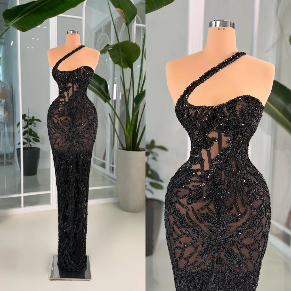 Gorgeous Straight Evening Dresses One Shoulder Heave Deaded Sequins Floor Length Party Dress Customized See Through  Prom Gowns