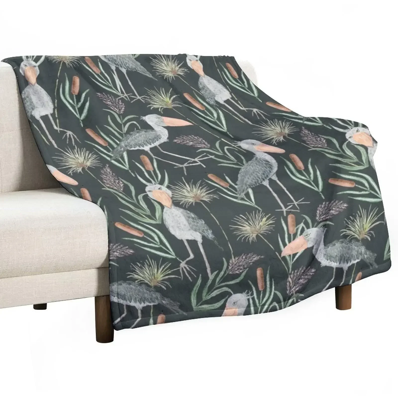 

The Magnificent Shoebill | Watercolor Pattern Throw Blanket Beach Furrys Blankets