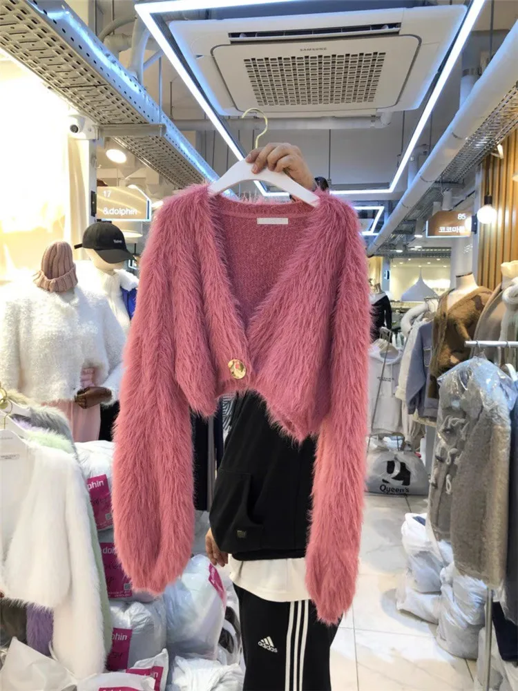 New Fashion Fall Women Short Soft Mohair Knit Sweater Faux Mink Fur V Neck Furry Cardigan Top One Button Casual Loose Knitwear