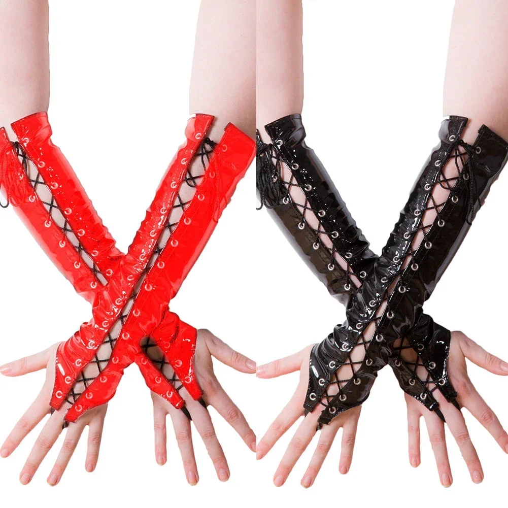 Sexy Frauen PVC PU Leder Handschuhe Schnürung Aushöhlen Lange Punk Handschuh Cosplay