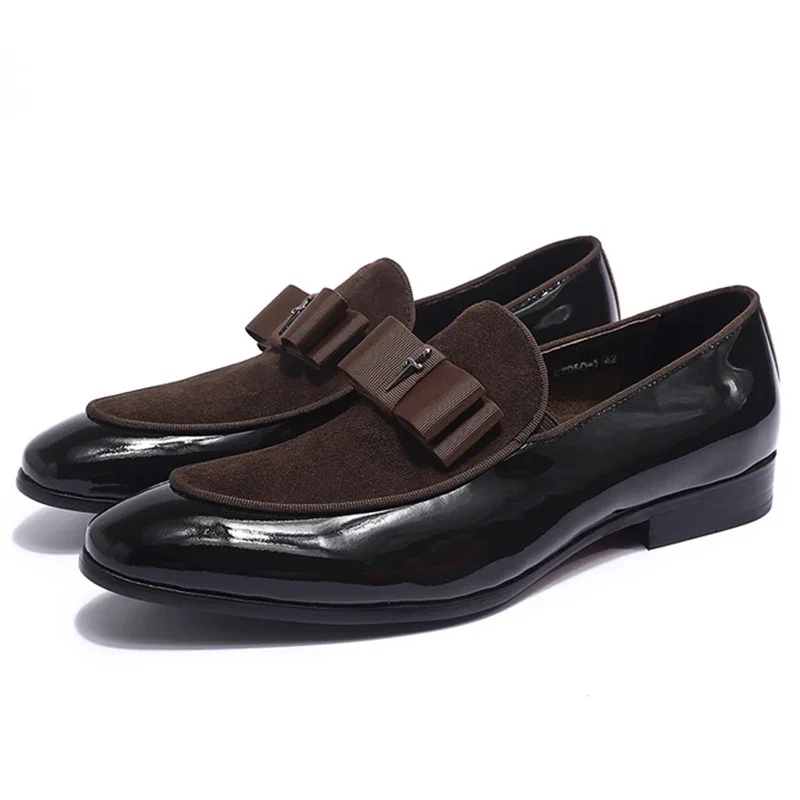 Handmade Men\'s Genuine Leather Patent Suede Loafers Patchwork Bow Tie Dress Shoes for Wedding Banquet Formal Occasions