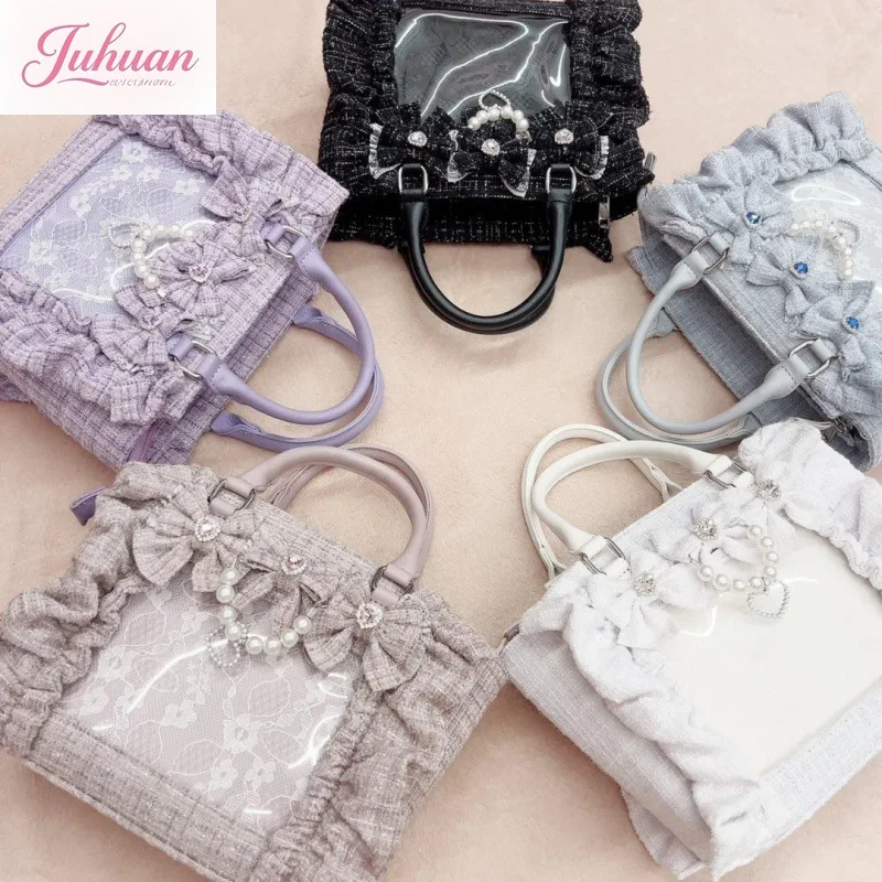 ญี่ปุ่น Lolita หวานกระเป๋าสตรี Mining Tie โปร่งใสปวดกระเป๋า Lotus Leaf Bow Pearl CHAIN แบบพกพาเฉียงกระเป๋าสาว