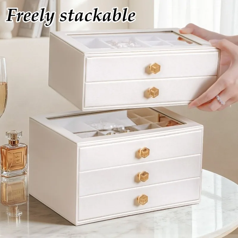 Leather Large Jewelry Storage Box Pulling Earring Organizer Boxes Portable Ring Necklace Packaging Case Bracelet Collection Case