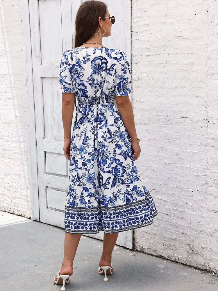 FSMG Elegante stampa floreale con scollo a V mezza manica a sbuffo Boho Maxi abito dolce stile etnico vacanza al mare abito lungo abiti da festa da sera