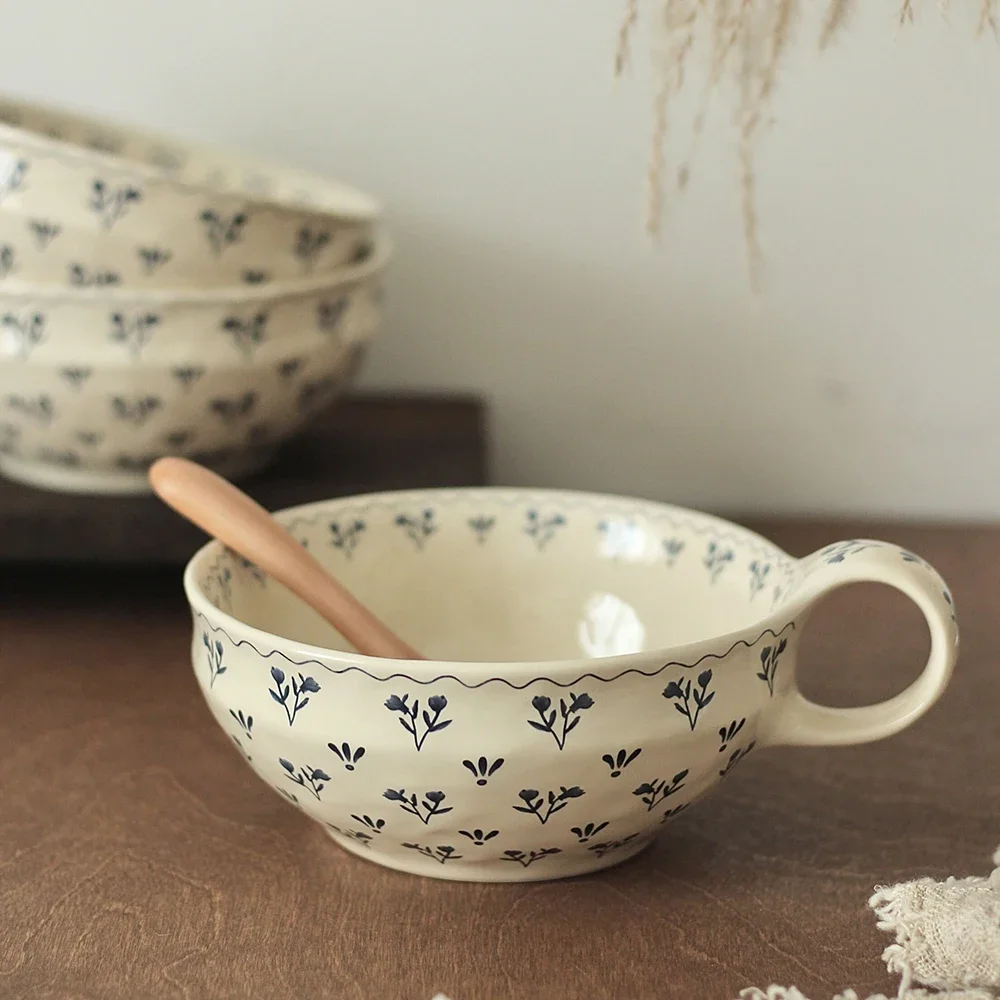 Korean Style Ins Floral Porcelain Bowl Delicate Handgrip Homehold Food Container Breakfast Milk Oats Fruit Salad Bowls