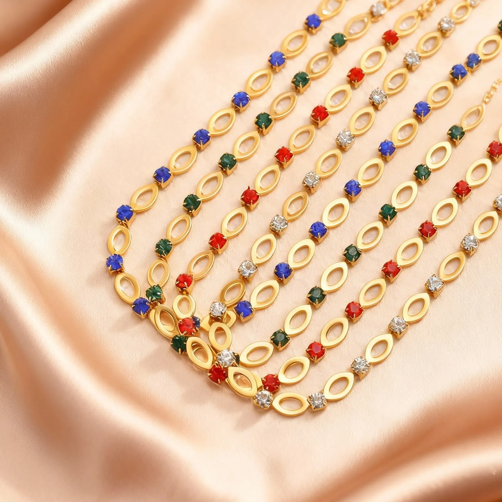 Hohle ovale Halskette aus Edelstahl für Damen, blau/grün/rot, Zirkon, verstellbare Kette, böhmischer Statement-Schmuck, Geschenke – Detail 6
