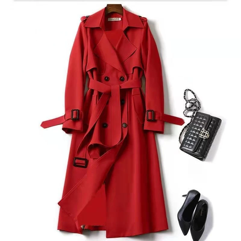 Trench da donna 2024 Autunno Giacca lunga coreana con cintura Cappotto doppiopetto in kaki solido stile britannico da donna