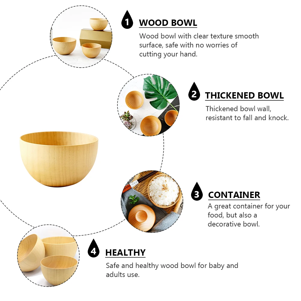 

1pc Wooden Bowl Thickened Wood Serving Bowl for Food Safe Soup Rice Cereal Salad Household Decorative Container Resistant Fall