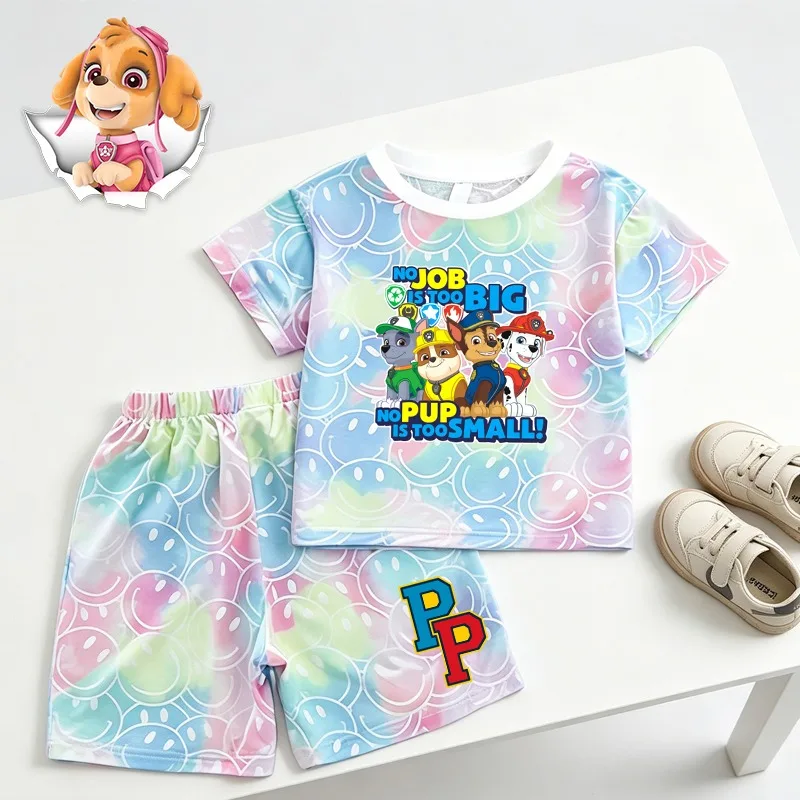 2PCS Paw Patrol Smiley Face Pattern T-shirts and Shorts Set Cartoon Anime Printed Short Sleeve Unisex Summer Clothes Party Gifts