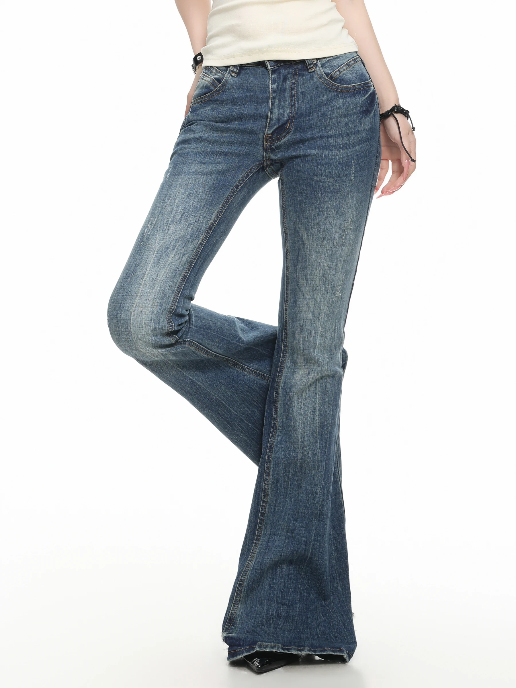 Basterds High Waist Bell Bottom Jeans Women's Slim Fit Fashionable Long Pants Summer Cotton Blend Denim Blue Casual Wear