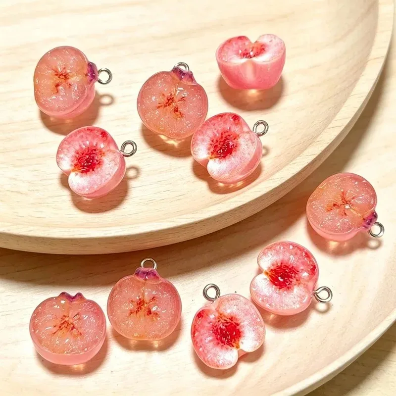 10Pcs Tiny Clear Pink Fruit Slice Resin Charms, Simulation Peach Pendants for DIY Bracelets Earrings Handcraft Jewelry Supplies