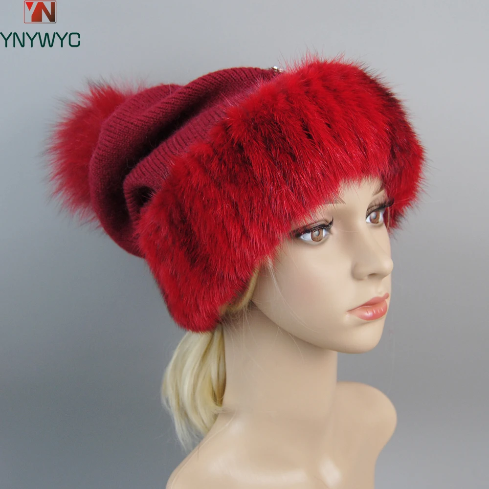 2024 Hot Sale Winter Warm Natural Fur Hat Women Fashion Real Mink Fur Knitted Hats Female Knit Good Elastic Mink Fur Beanies Cap