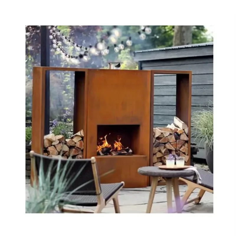 Custom Steel Fire Pit With Log Storage Garden Round Rusty Brazier Square Fire Pit Bbq Grill Heater Outdoor