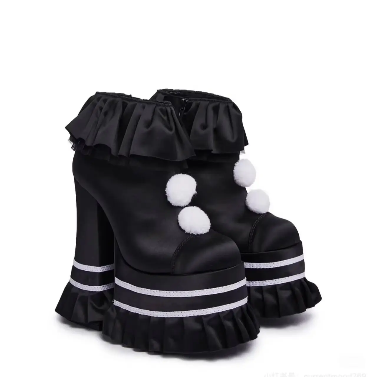 Patchwork Round Toe Fur Sphere Mid-Calf Women Platform Boots Chunky High Heels Side Zipper Design Large Size Performance Shoes
